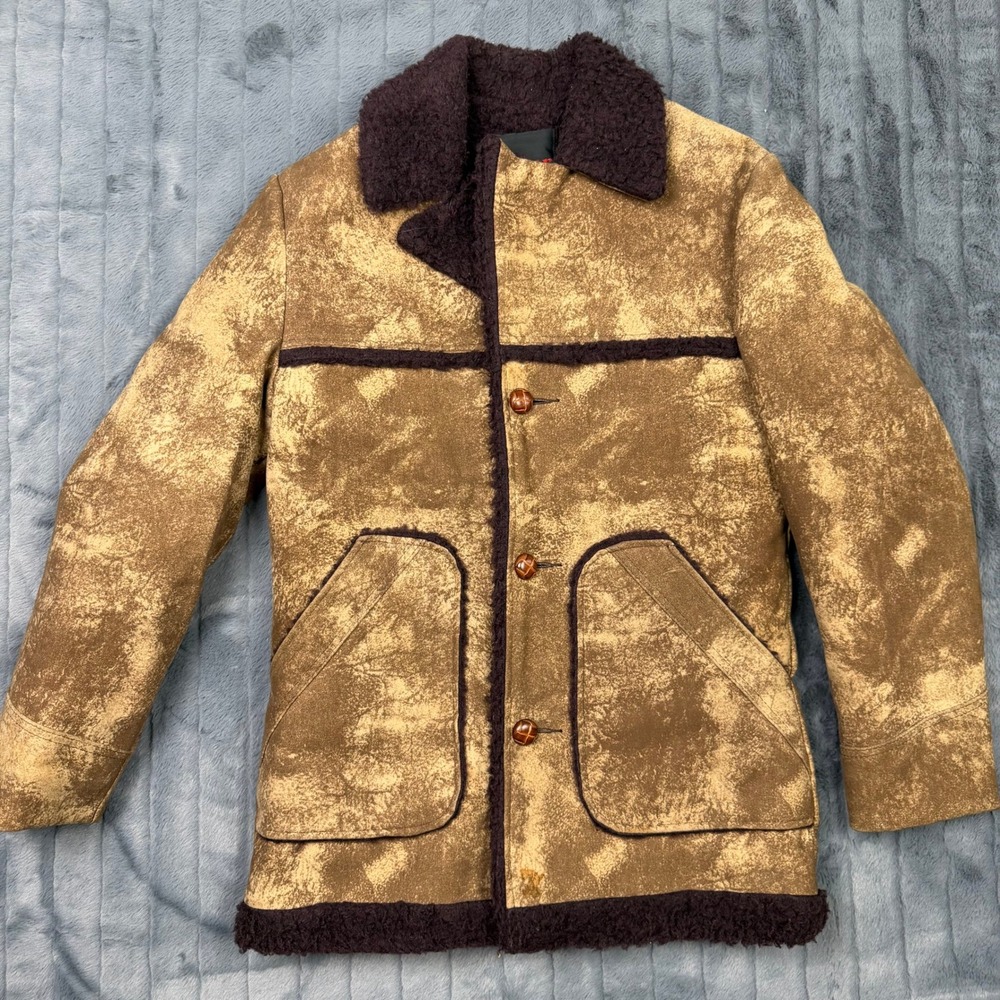 Wiman Sherpa Lined Rancher Coat Mens Small Tan Distressed Faux Suede Vintage USA